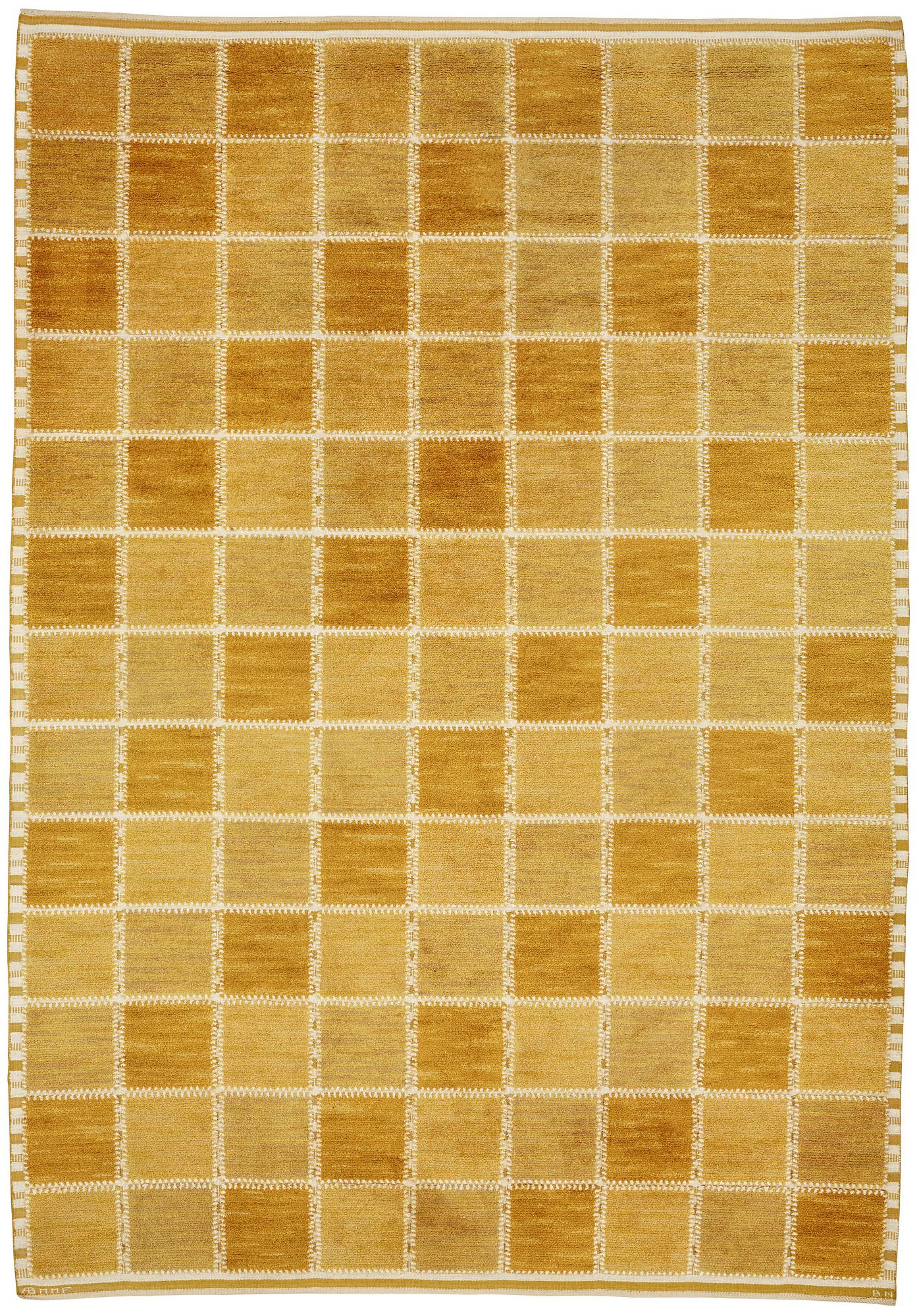 Barbro Nilsson, matta, "Gyllenrutan", reliefflossa, ca 381,5 x 259,5-269 cm, signerad AB MMF BN.