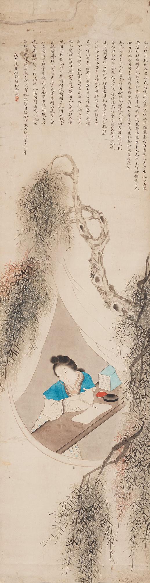 A Chinese painting, ink and water colour on paper of an elegant lady in thoughts, Qing dynasty, 19th Century.