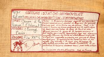 Tapet ""La Dame à la licorne". Efter original i Musée de Cluny, Paris, Edition d'art de Rambouillet ca 222x199 cm.