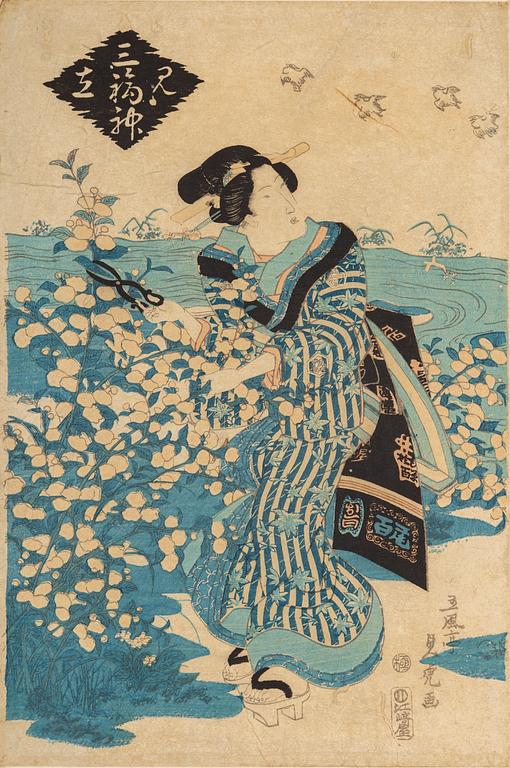 KITAGAWA UTAMARO, samt KATSUKAWA SHUNSHO, efter. Färgträsnitt, två stycken. Japan, sent 1800-tal/tidigt 1900-tal.