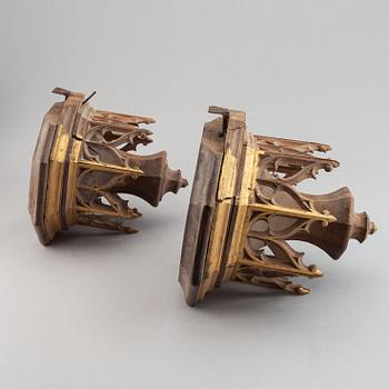 A pair of wooden neo-gothic wall shelves, mid 19th century.