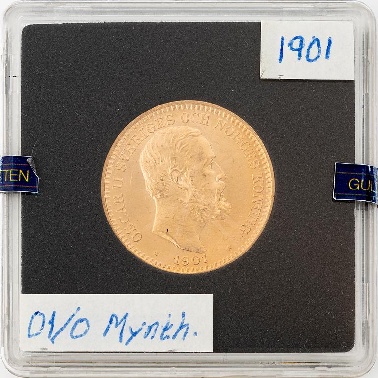Guldmynt, Oscar II, 20 kronor, typ IV, Sverige 1901.