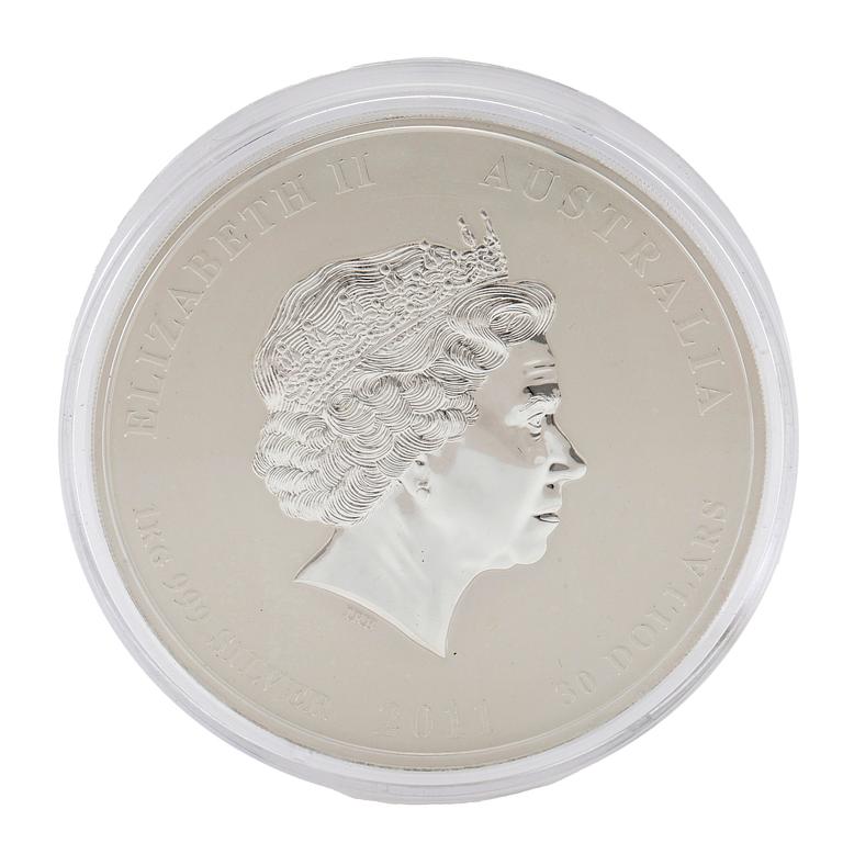 Mynt 999 silver 1kg "Australian Lunar Year of the Rabbit" 30 dollar, Elisabeth II 2011.