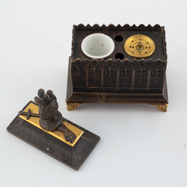 A Charles X patinated bronze and ormolu inkstand, 1820's/30's.