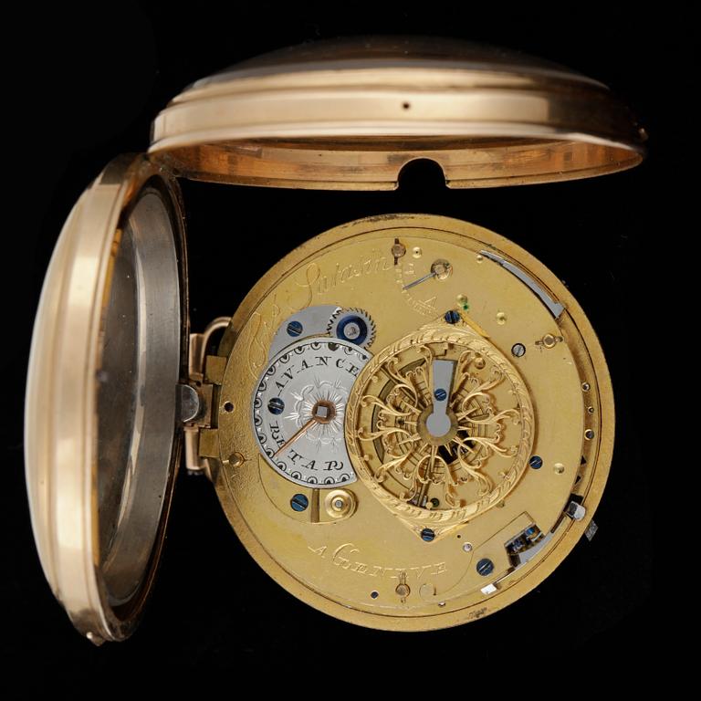 FICKUR, 18k guld, kvartsrepeter, Freres Sarasin, Geneve, 1800-tal. Vikt ca106g.