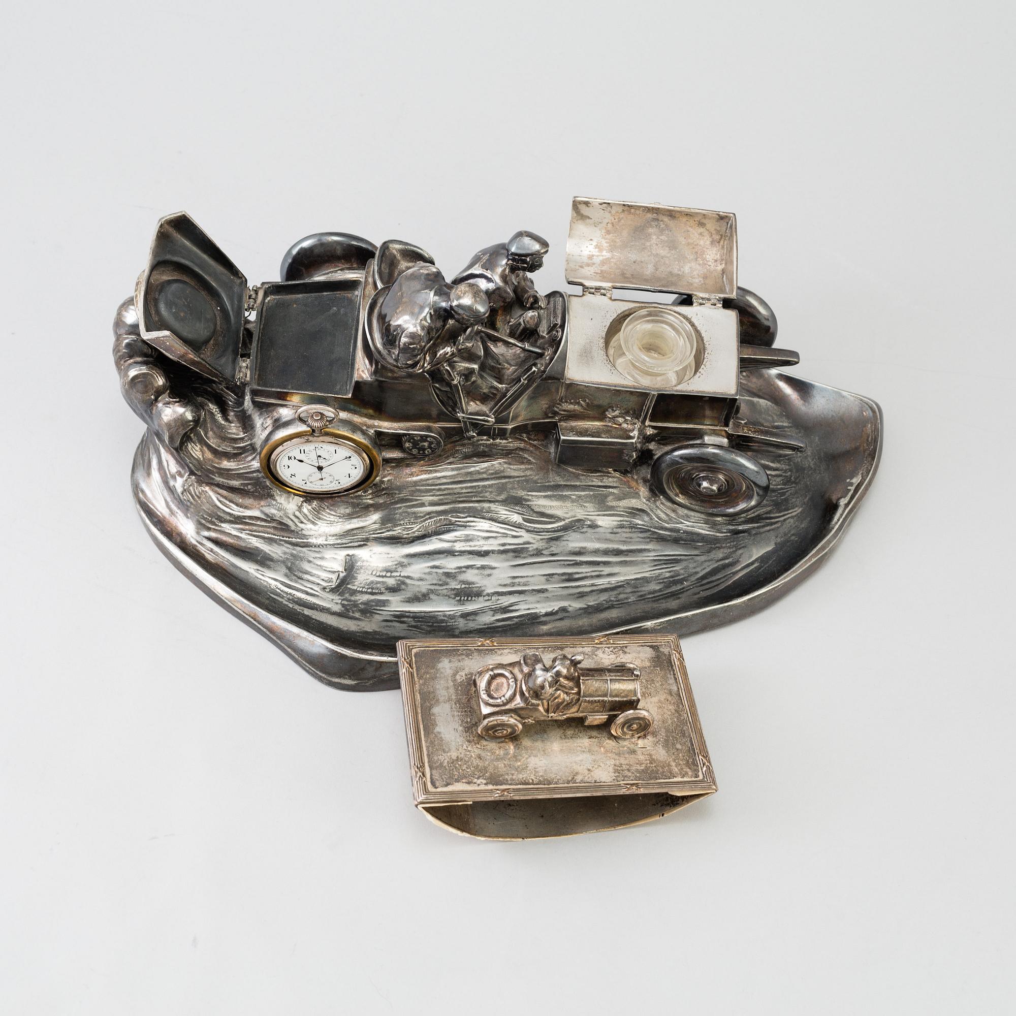 A silvered metal inkstand by Kaiser Zinn 1910s.