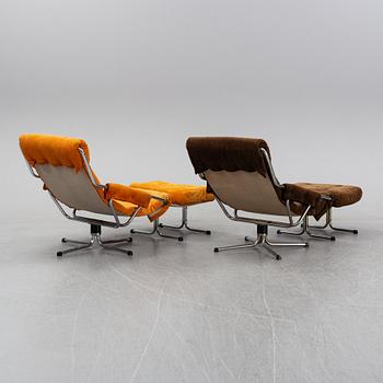 A pair of 1970's 'Luta' easy chairs and foot stools from Värnamo Sängkläder AB.