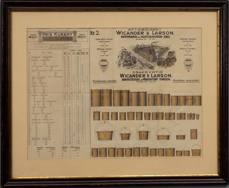AFFISCH, Aktiebolaget Wicander & Larson, Korkfabrik och Hufvudkontor i Åbo, 1900-talets början.