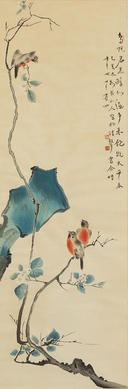 A Chinese painting by an anonymous artist, "Birds in a garden", 20th century.