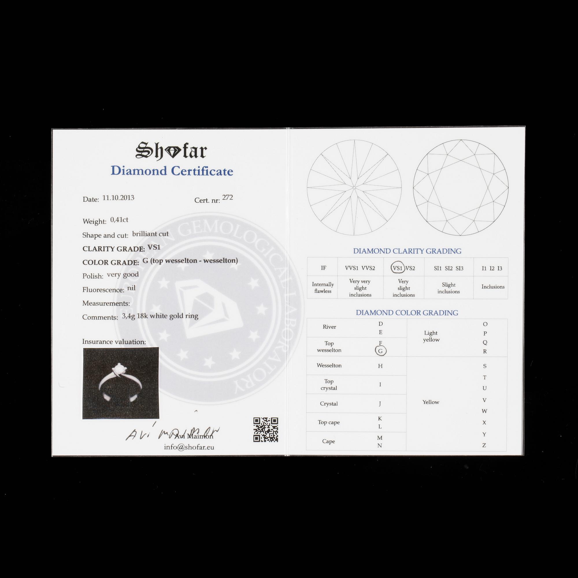 RING, 18k vitguld med briljantslipad diamant ca 0,41 ct. Vikt ca 3,4 gram.