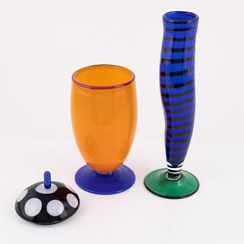 Gunnel Sahlin, a 'Mambo' glass vase from the 'Latin Love' series and a unique lidded urn, Kosta Boda, Sweden.