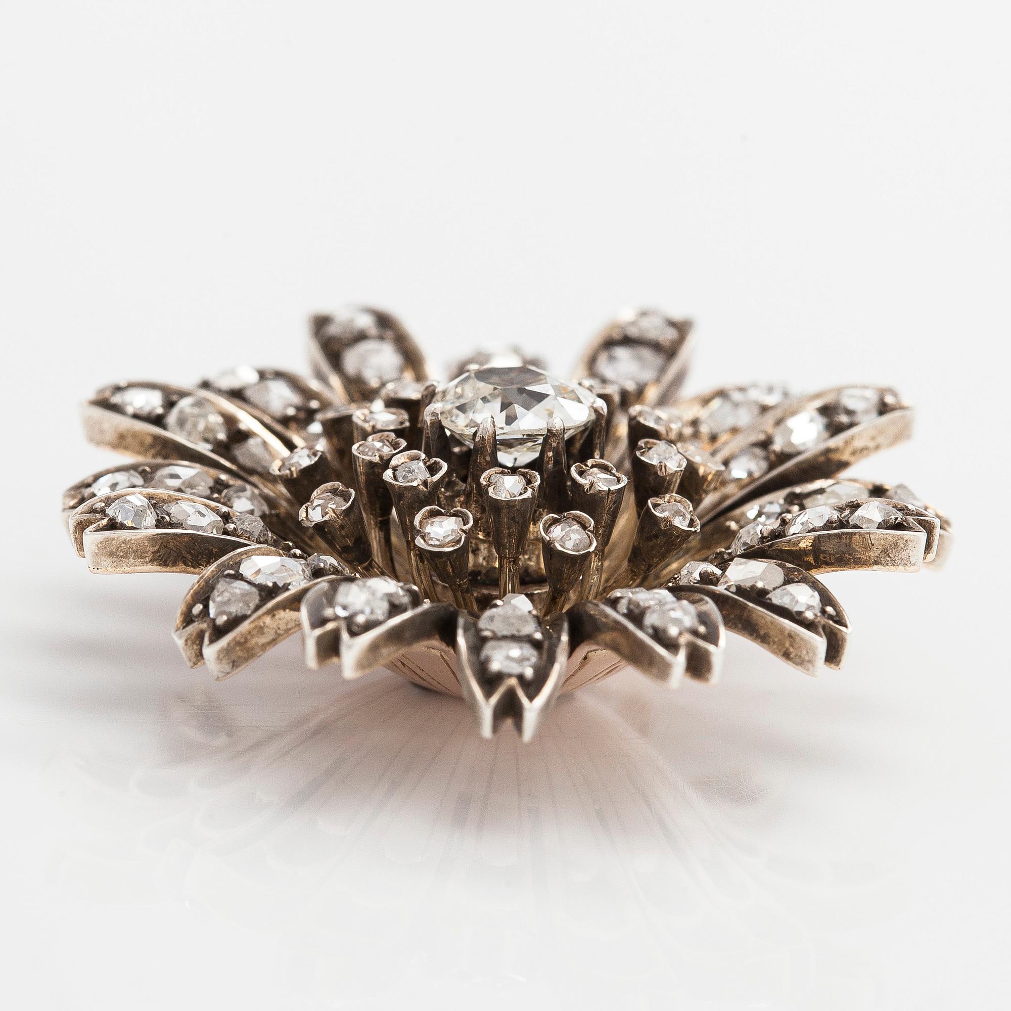 Brosch/hårsmycke/hänge, 18K guld/silver och gammalslipade diamanter, Franska stämplar, 1900-talets början.