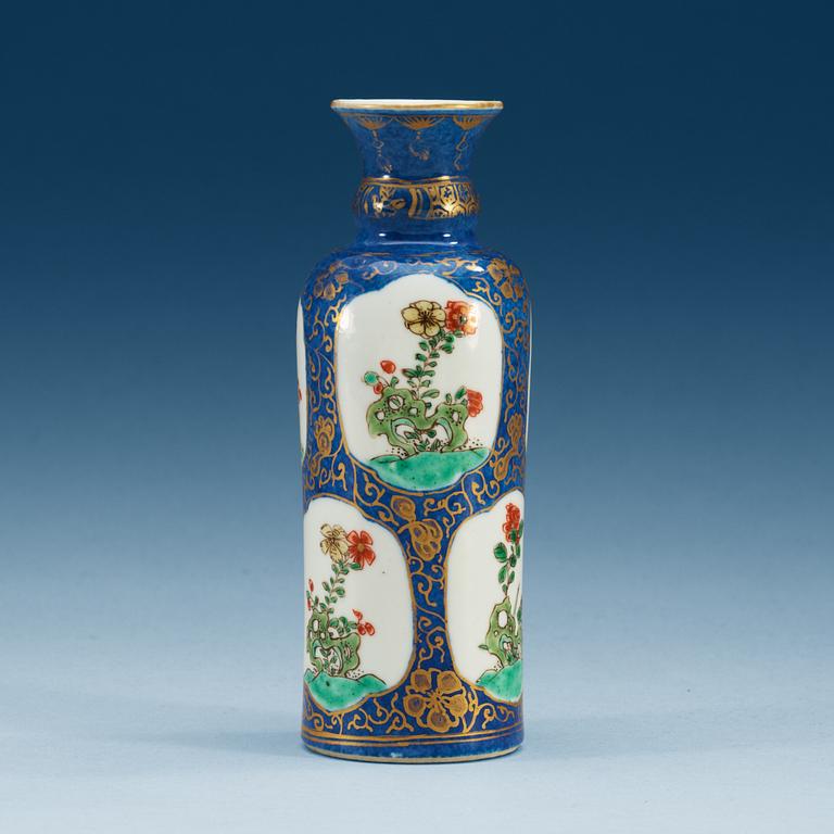 A powder blue ground vase with gilding and 'famille-verte' enamels within reserves, Qing dynasty, Kangxi (1622-1722).