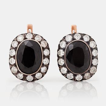 1037. A pair of Russian onyx and old-cut diamond earrings. Total  weight diamonds circa 2.80ct.