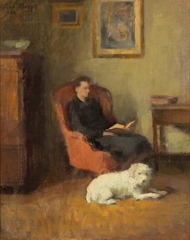 Eva Bagge, Interior with woman and dog resting.