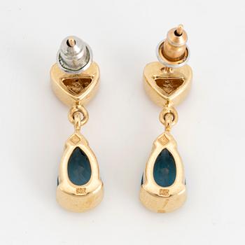 Drop shaped blue topaz and brilliant-cut diamond earrings.