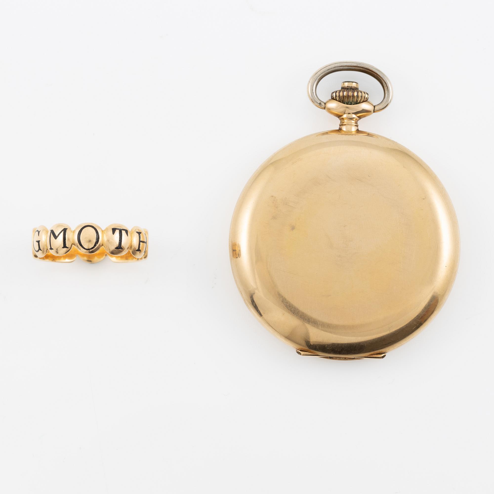 Pocket watch, H. Runsten Stockholm, lever escapement, including a ring in 18K gold.