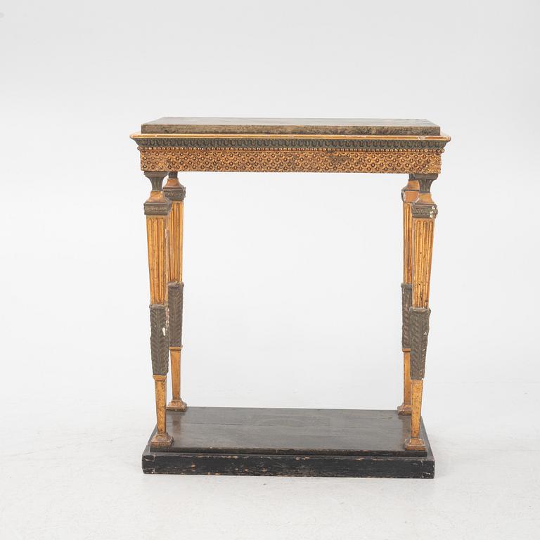 A giltwood, patinated, and faux-marbre console table in the manner of J. Frisk, Stockholm, circa 1800.