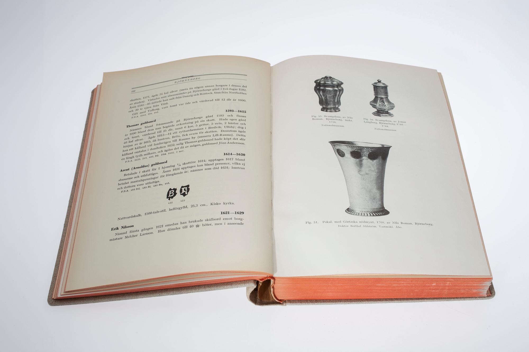 BOK, Tyra Borg, Guld- och silversmeder i Finland 1373-1873.
F. Tilgmann, Helsingfors 1935. Numrerat exemplar 276/500.