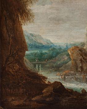 Frans de Momper, circle of, Mountainous river landscape with hunters.