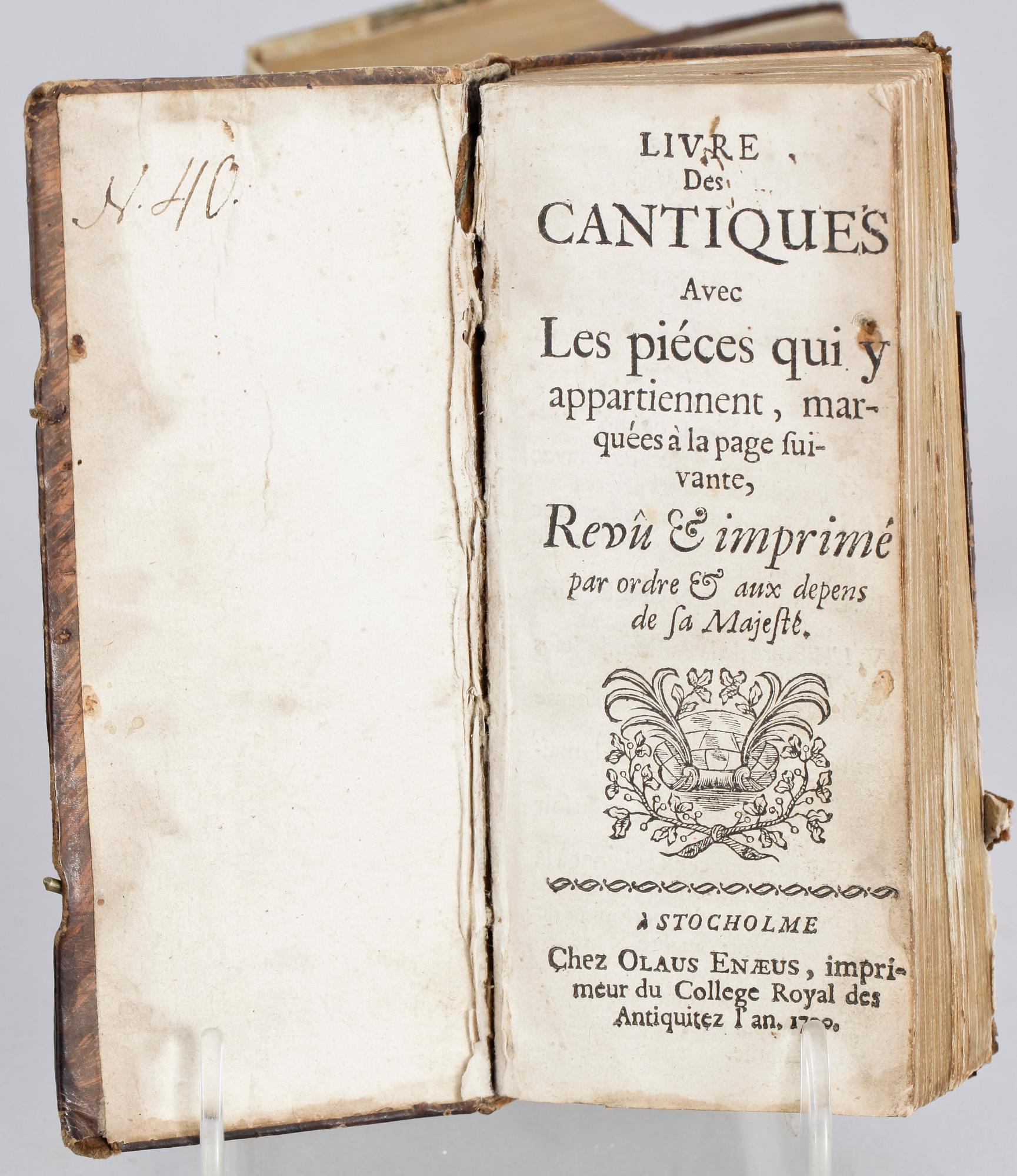 BOKPARTI, 5 delar, bla "Livre des Cantiques avec les piéces qui.." Stockholm 1700.