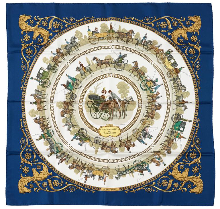 HERMÈS, scarf samt tillhörande scarf-ring, "La Promenade de Longchamps".