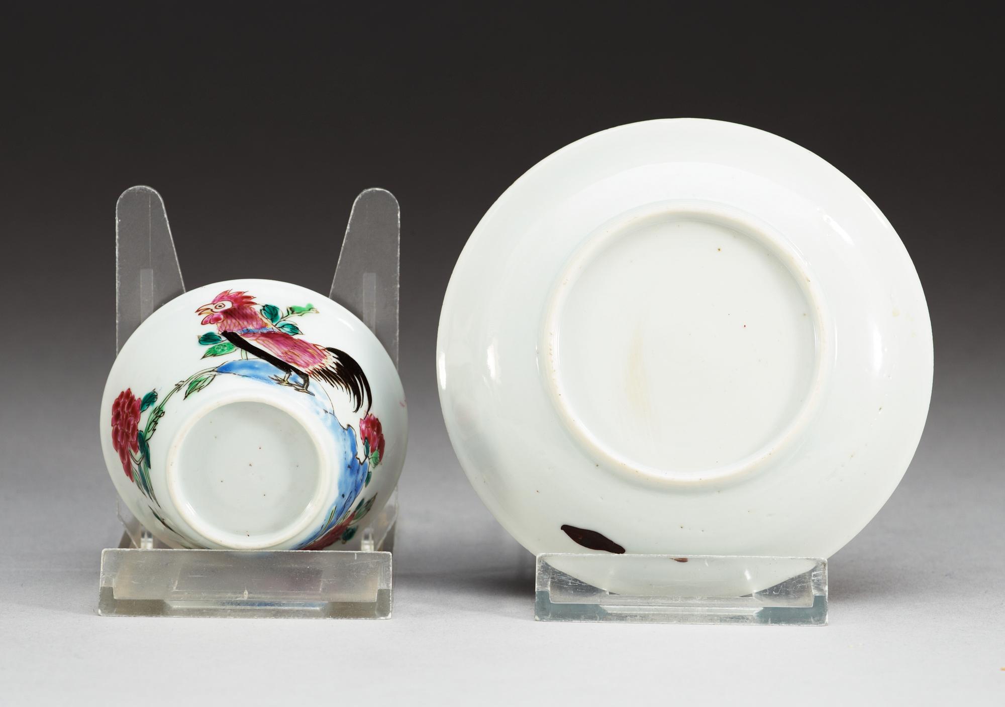 A famille rose 'rooster' cup with saucer, Qing dynasty, Yongzheng (1723-35).