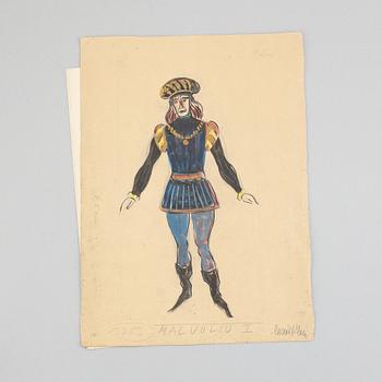 Seven costume sketches by César klein from Shakespears Twelfth Night, signed.