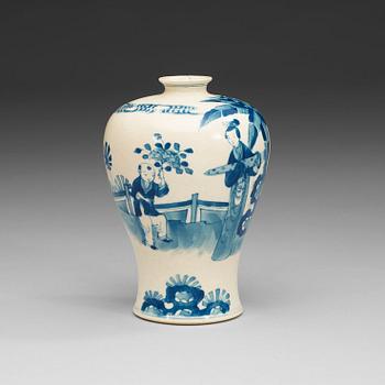 1744. A blue and white soft paste meiping vase, late Qing dynasty (1644-1912), with Kangxi six character mark.
