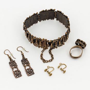 A bronze bracelet, ring and a pair of earrings by Pentti Sarpaneva, Finland.