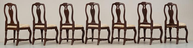 Seven Swedish Rococo 18th Century chairs.