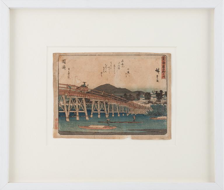 Ando Utagawa Hiroshige, efter, träsnitt, Okazaki: Yahagi Bridge.