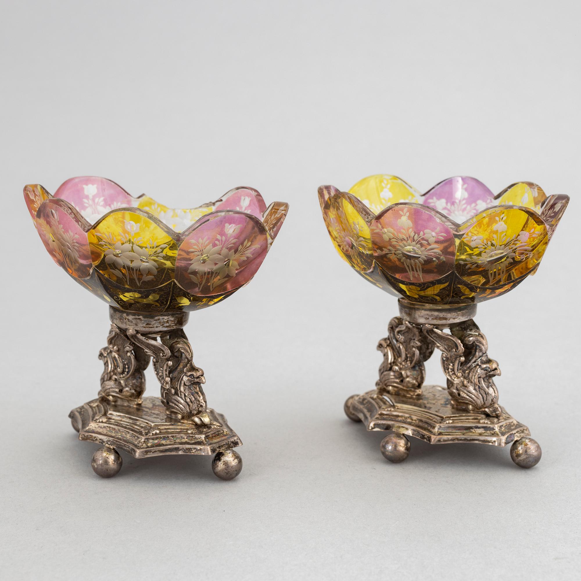 Carl Petter Norlin, a pair of silver and glass salt cellars, Malmö, 1840.