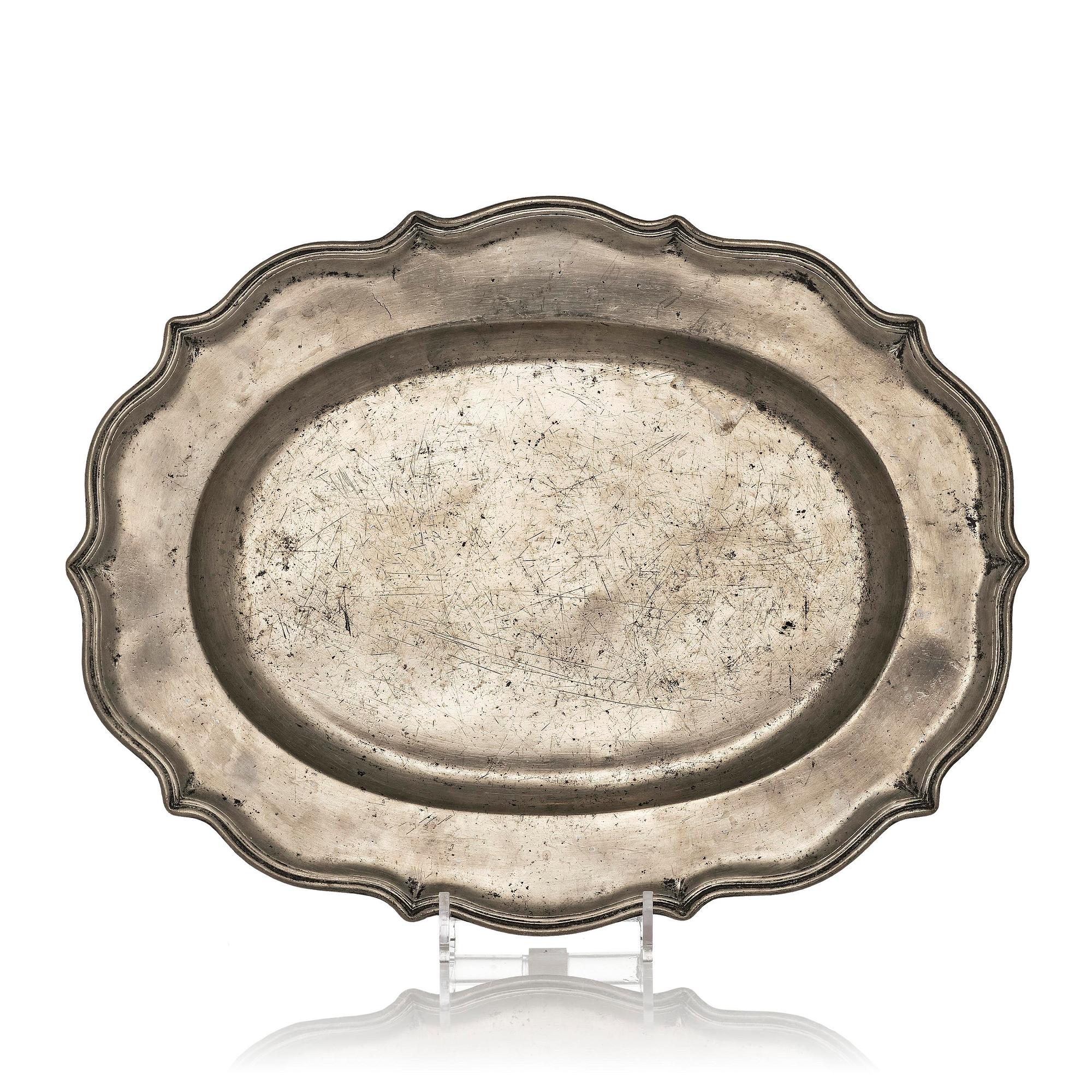 A rococo pewter charger by J. G. Ryman, Stockholm 1768.