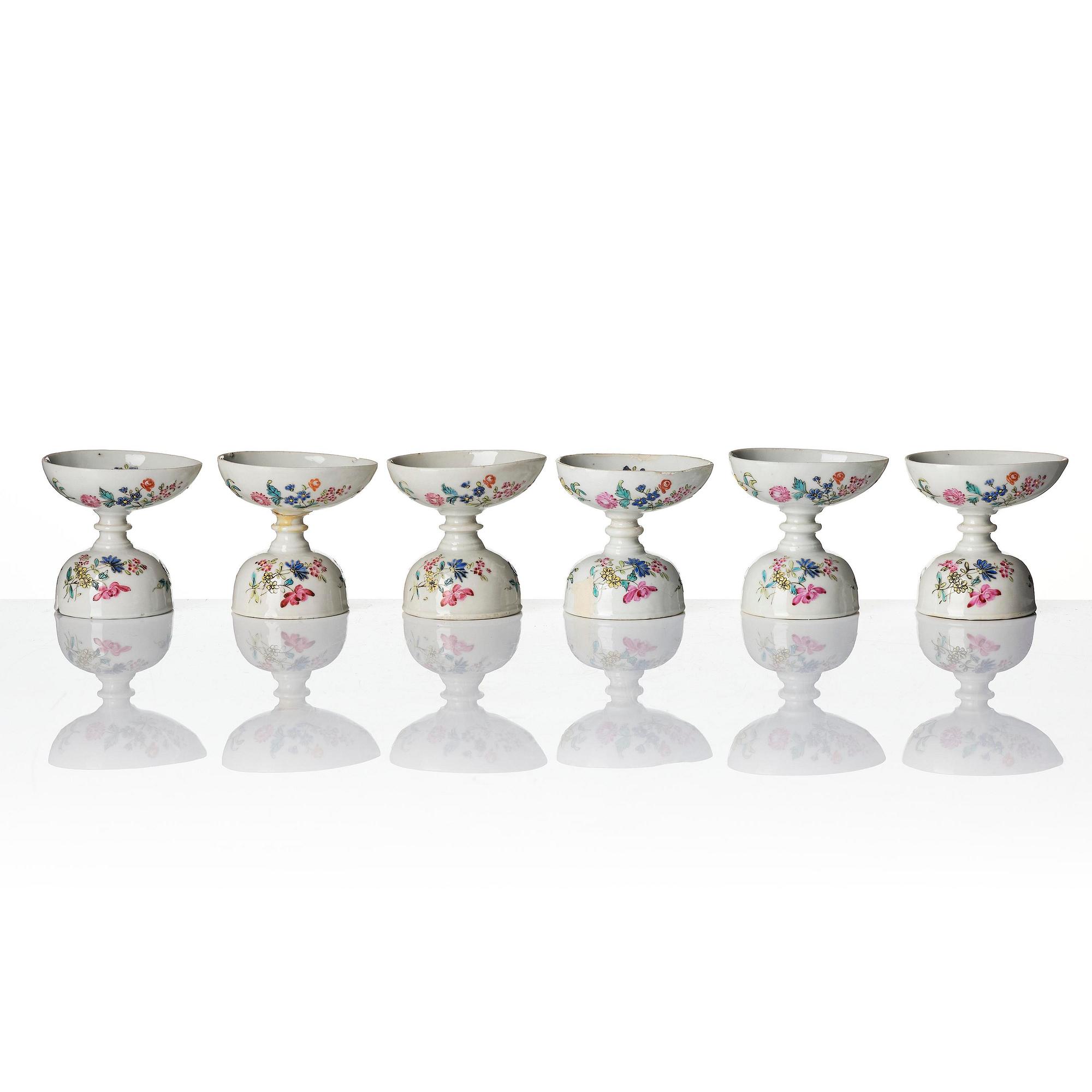 A set of six famille rose egg cups, Qing dynasty, 18th century.