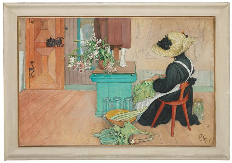 Carl Larsson, "Rabarber/Rabarberskalning".