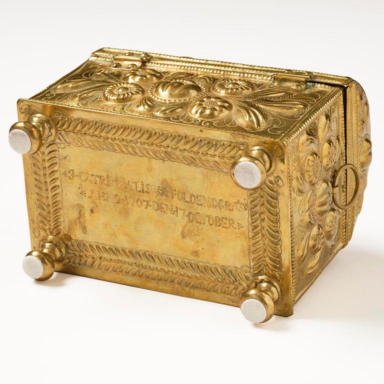 A Swedish baroque repousse brass box, dated 1707.
