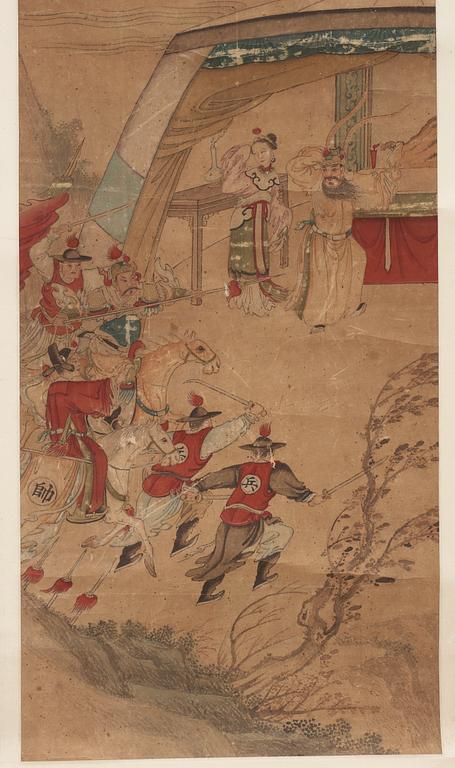 Two hanging scrolls with military scenes, Qing dynasty, 19th Century.