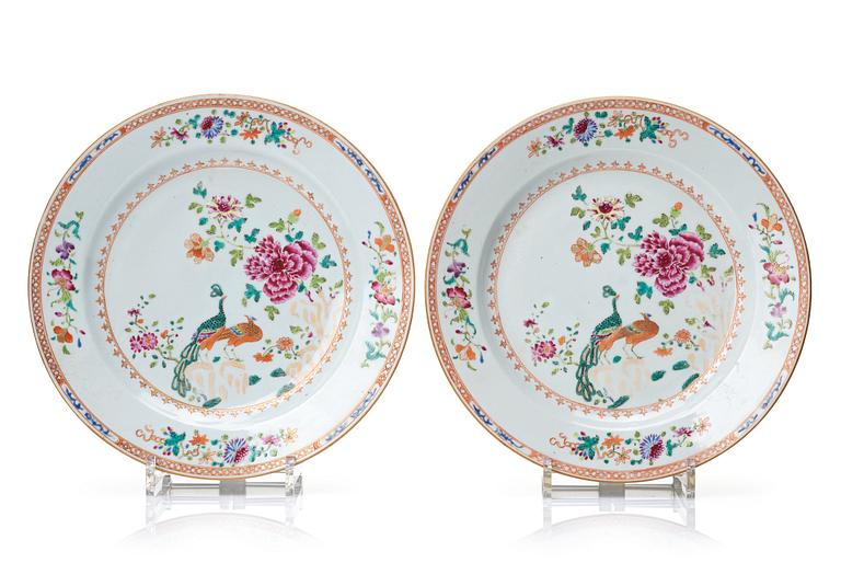 Two round famille rose 'double peacock' serving dishes, Qing dynasty, Qianlong (1736-95).