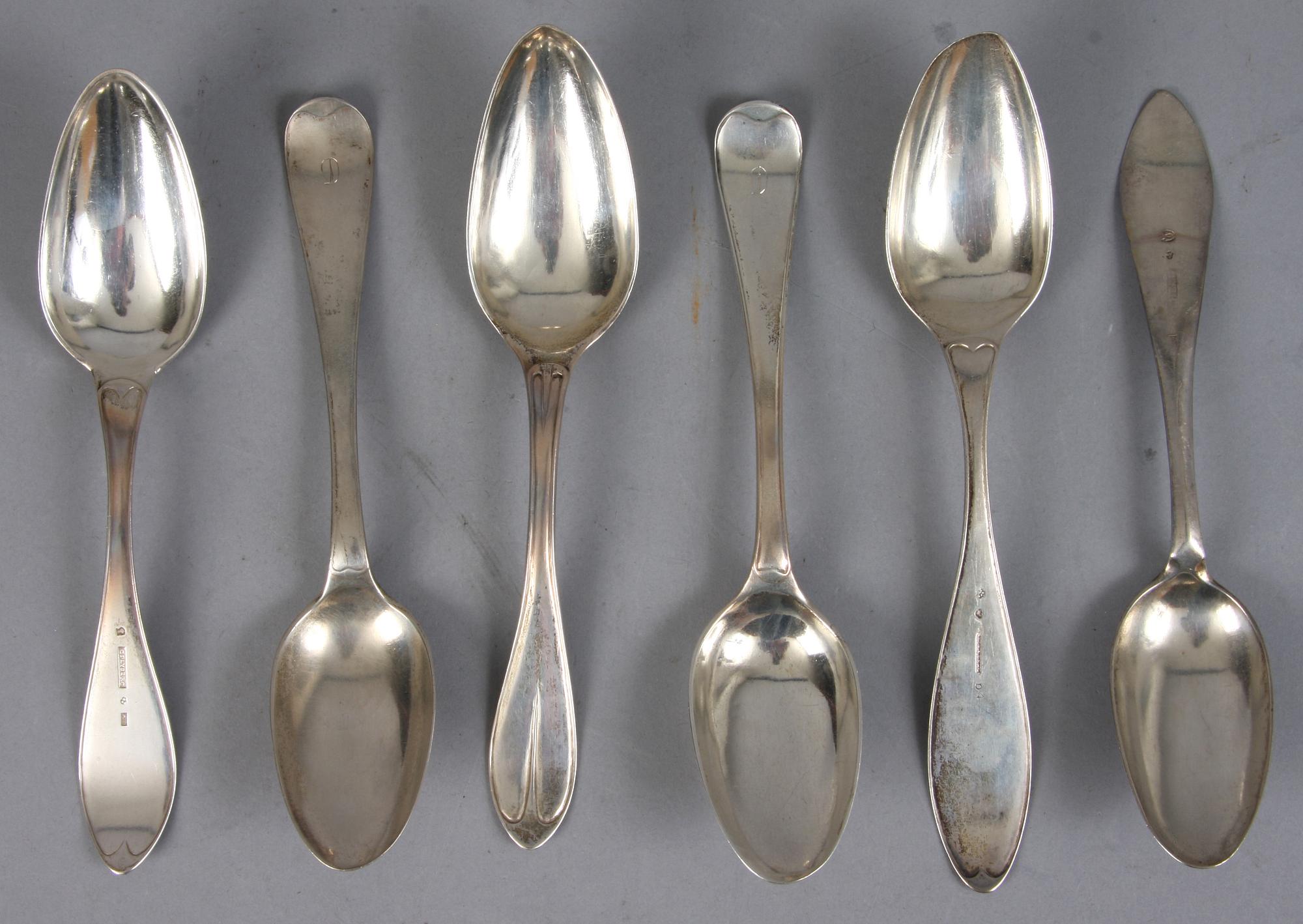 SKEDAR, 6 st, silver, Johan Ekholm, Stockholm, 1700-talets slut, Bengt Tornberg, Linköping, 1834 mm.