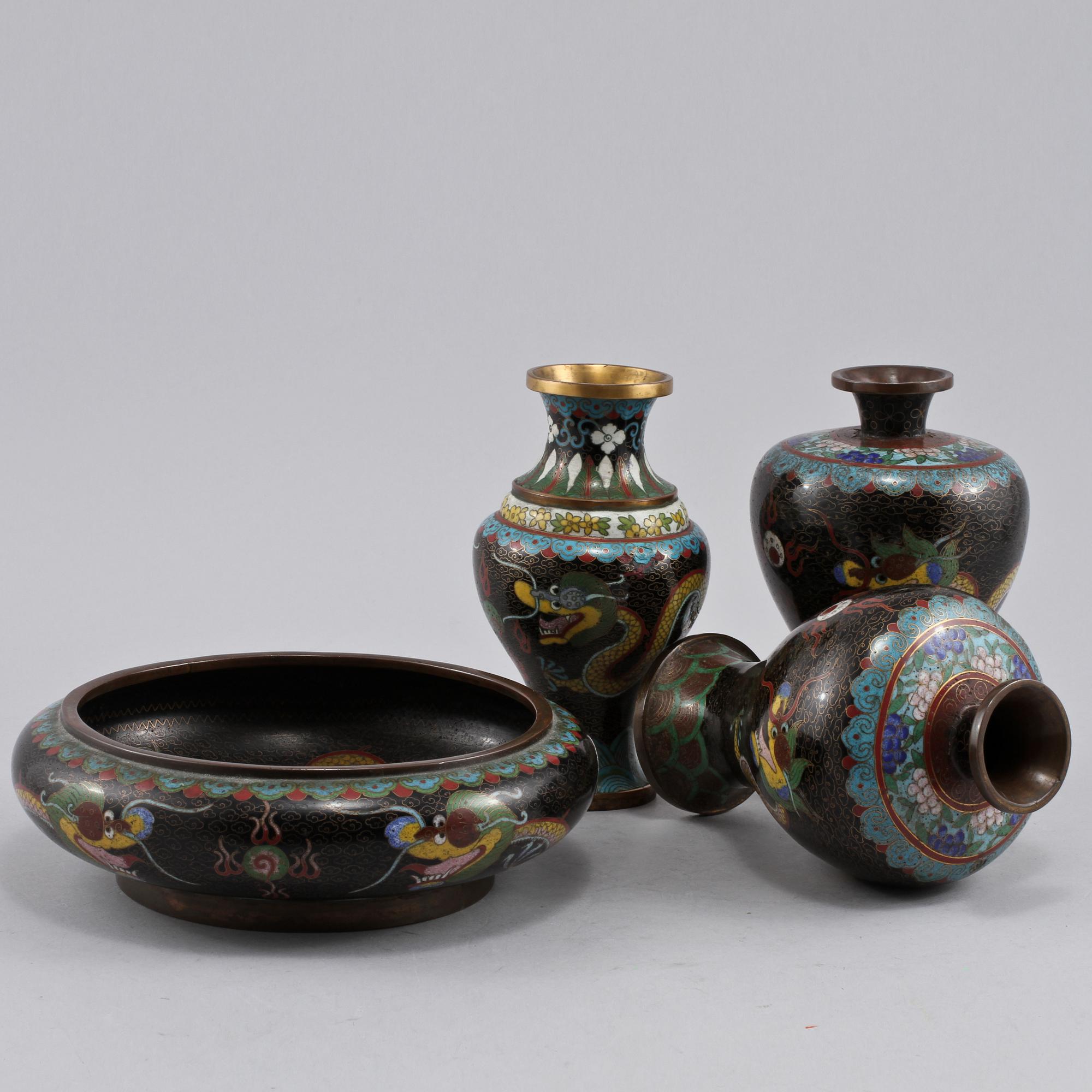 PARTI CLOISONNÉ, 4 st, orientaliska, 1900-tal.