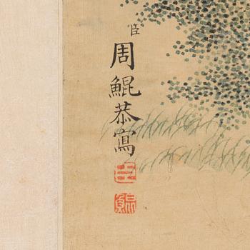 A Chinese hanging scroll, ink and color on silk. Zhou Kun, his school, first half of the 20th century.