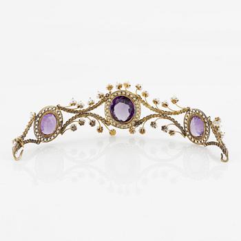 Tiara with amethysts and seed pearls.