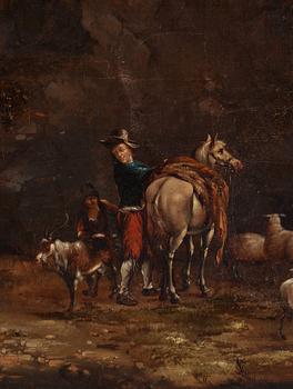 Jan Willemsz. Lapp, hans efterföljd, Arkaiskt landskap med rastande figurer och boskap.
