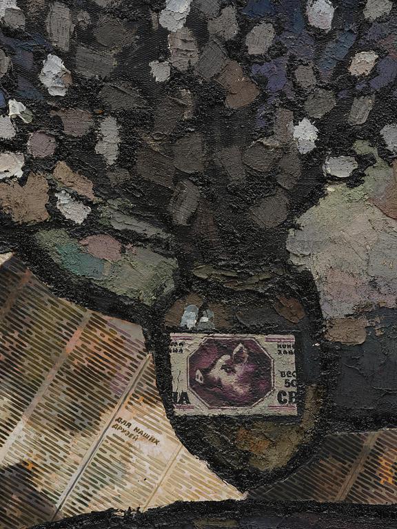 Oskar Rabin, Still life with fish, vodka bottle, banknote and newspaper.