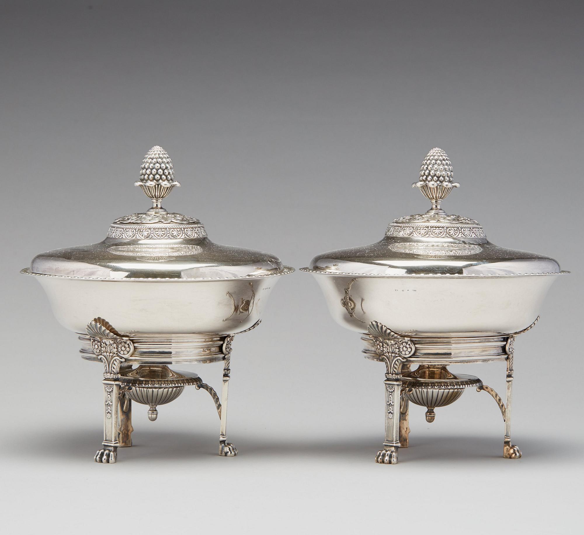 A pair of Swedish Empire silver tureens on stand, mark of Adolf Zethelius, Stockholm 1830.