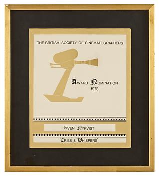 32. NOMINERINGSCERTIFIKAT, från The British Society of Cinematographers 1973.