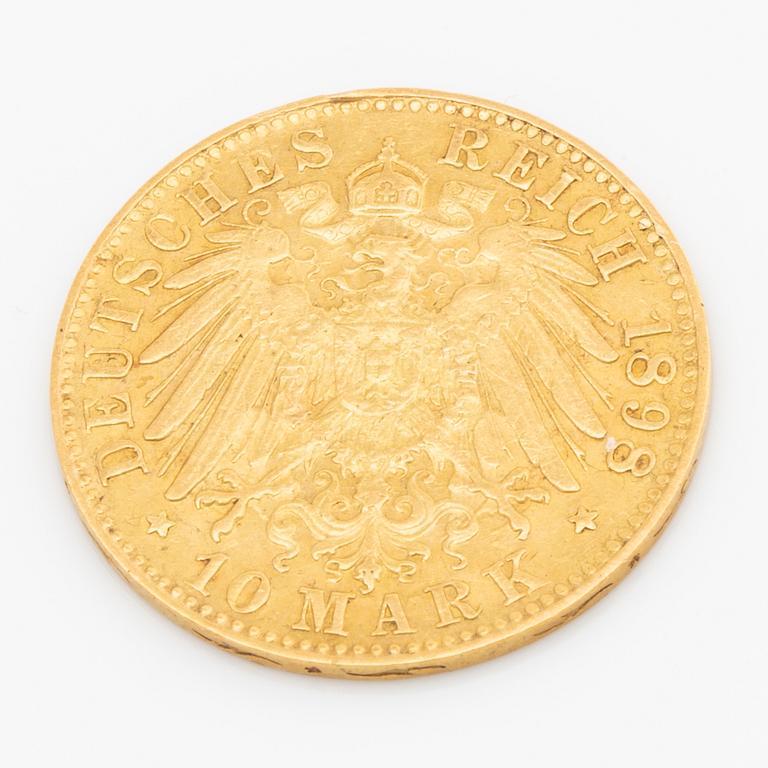 MYNT, guld, 10 Mark, Freie und Hansastadt Hamburg, 1898.