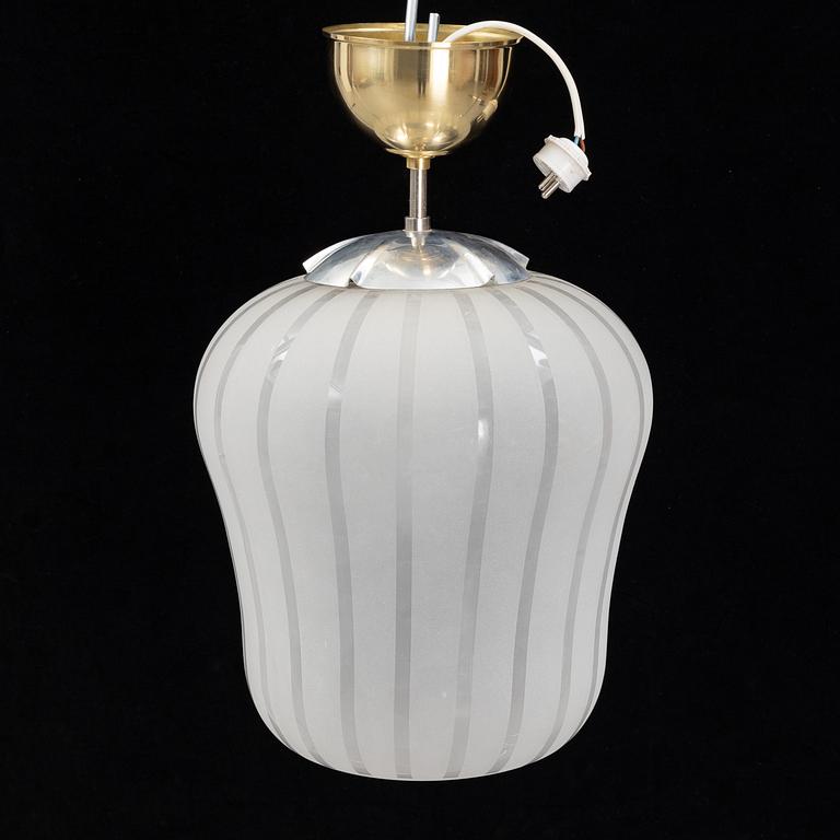 A Swedish Modern glass and brass ceiling light, Orrefors, 1940's.