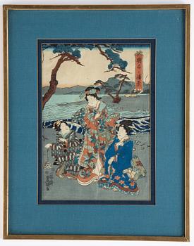 Eizan Kikugawa, after, and Utagawa Kunisada, two coloured woodblock prints, Japan, 19th century.